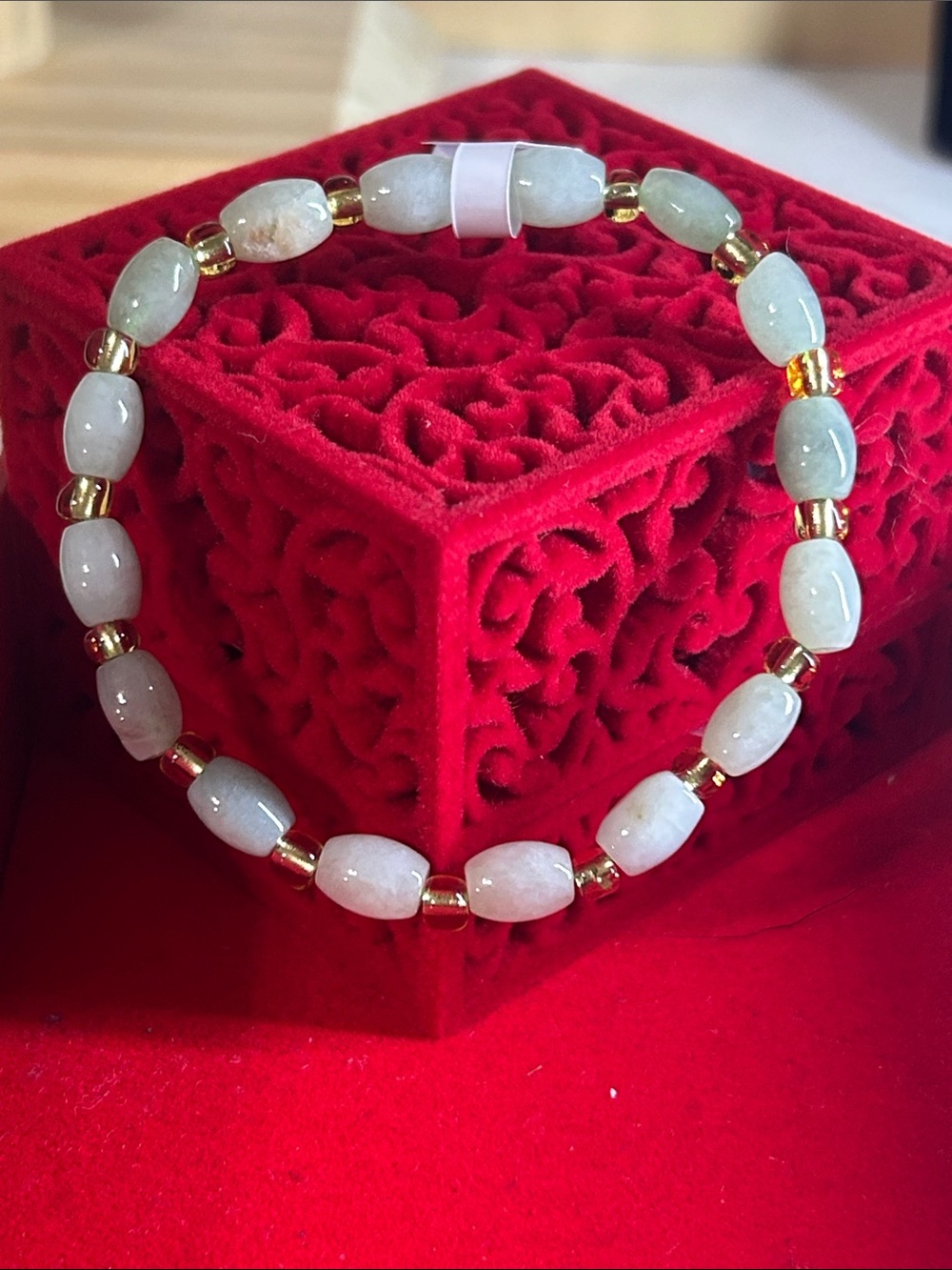 Jadeite Barrel Bead Bracelet with Gold-Tone Accents